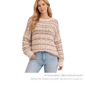 Vintage Open Knit Scallop Sweater Cream Pink Brown Oversized M/L